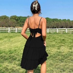 Romwe Black Lace Open Back Tie Ruffle Hem Dress Dress Small